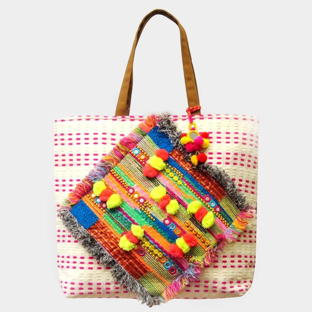 Multi Beaded Pom Pom Tote Bag